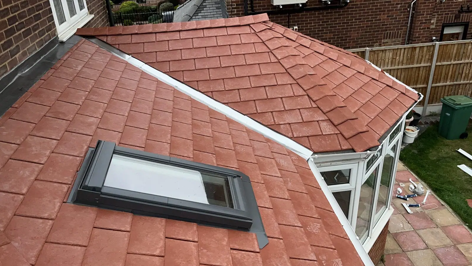 The new roof from above, with the roof window set into the tiling