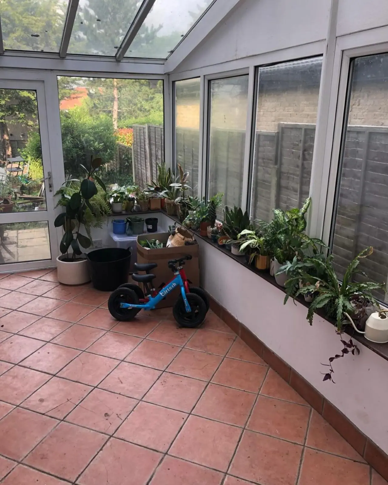 Inside the old glazed conservatory, with a terracotta floor and plants along the dwarf wall