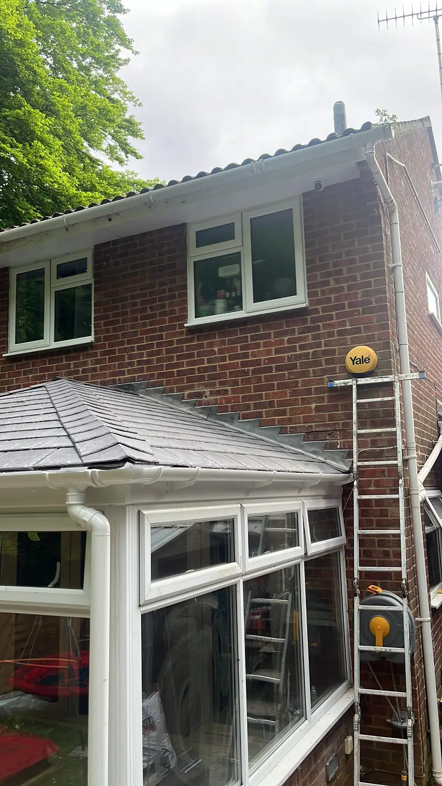 The new roof seen along the slope from the side
